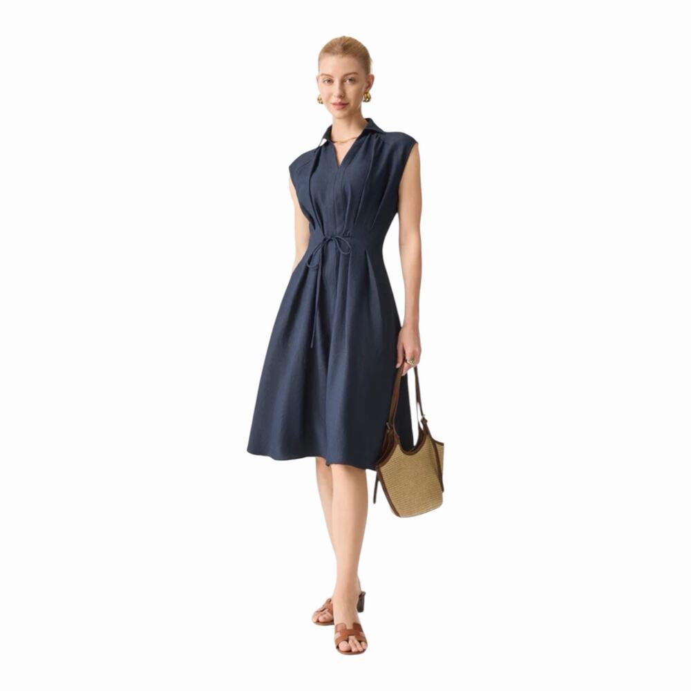 OGL Denim Look Midi Dress Collared Tie Waist Linen Blend NWT Extra Small